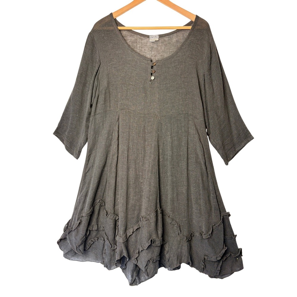 Just Jill Vintage Lagenlook Gray 100% Linen Ruffle Hem Tunic Dress Medium